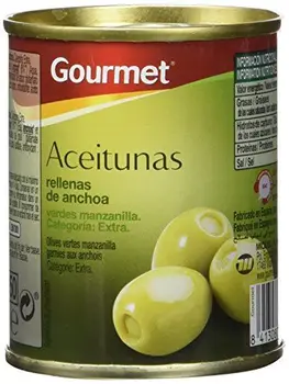 

Gourmet - Aceitunas rellenas de anchoa - Verdes manzanilla extra - 3 latas de 120 g - [pack de 4]