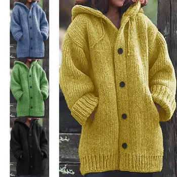 

HOT Oversized Warm Sweaters Women Hooded Buttons Plus Size Autumn Winter Knitted Pull Femme Warm Loose Ladies Sweaters S-5XL
