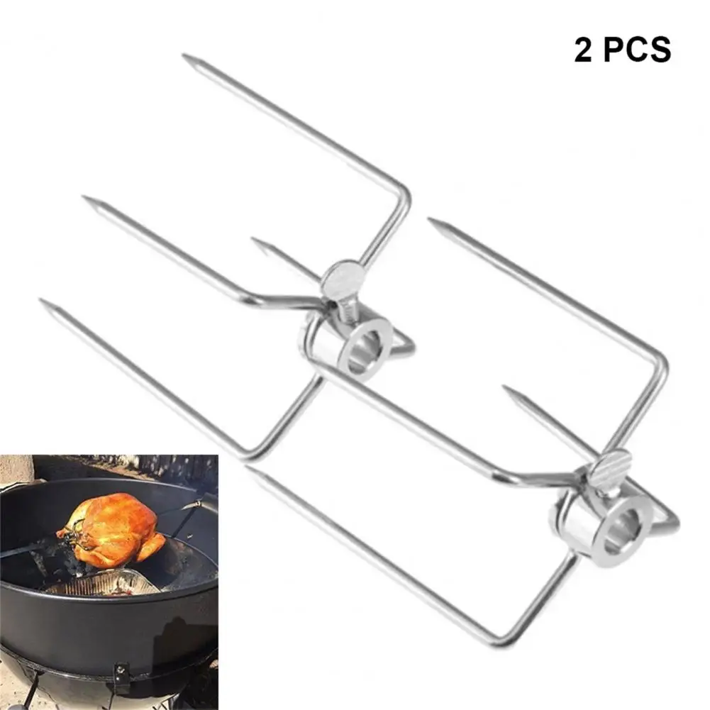 2Pcs Stainless Steel Rotisserie Meat Forks Clamp Grill Meatpicks Barbecue Skewer With Locking Screw Quick Adjustments BBQ Tools