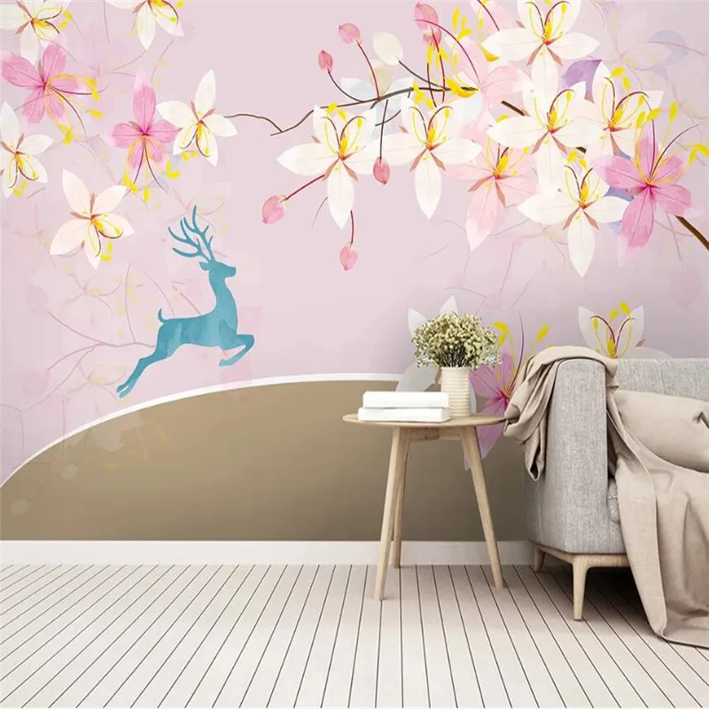 Large 3D wallpaper mural custom Nordic hand-painted watercolor flower elk TV background wallpaper mural
