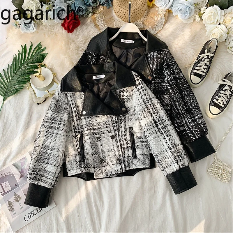 

Gagarich Women Winter Autumn 2019 Stitched Leather Cardigan Female Loose Long Sleeve Short Pu Leather Jacket Tide