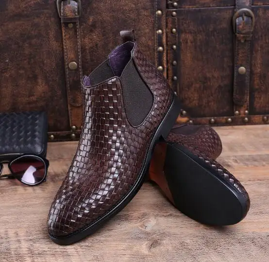 

Autumn Winter Genuine Leather low heel ankle boots Fashion slip-on dress shoes High top pointed toe oxford