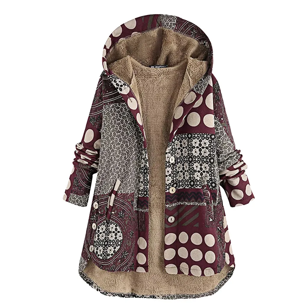 Ideal Women Autumn Winter Coats Casual Warm Outwear Floral Print Hooded Pockets Vintage Oversize Coats bi