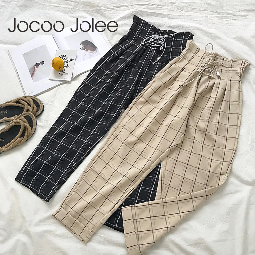 Jocoo Jolee японские Харадзюку повседневные штаны женские модные на шнуровке с высокой талией по щиколотку свободные клетчатые шаровары