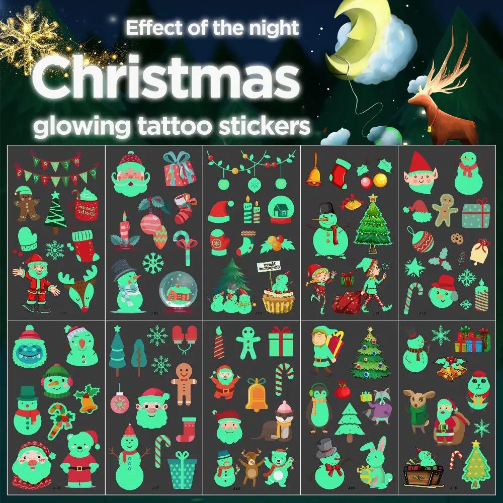 

10 Sheet Luminous Tattoo Stickers Halloween & Christmas Waterproof Fluorescent Tattoo Sticker Various Patterns Small for Hoilday