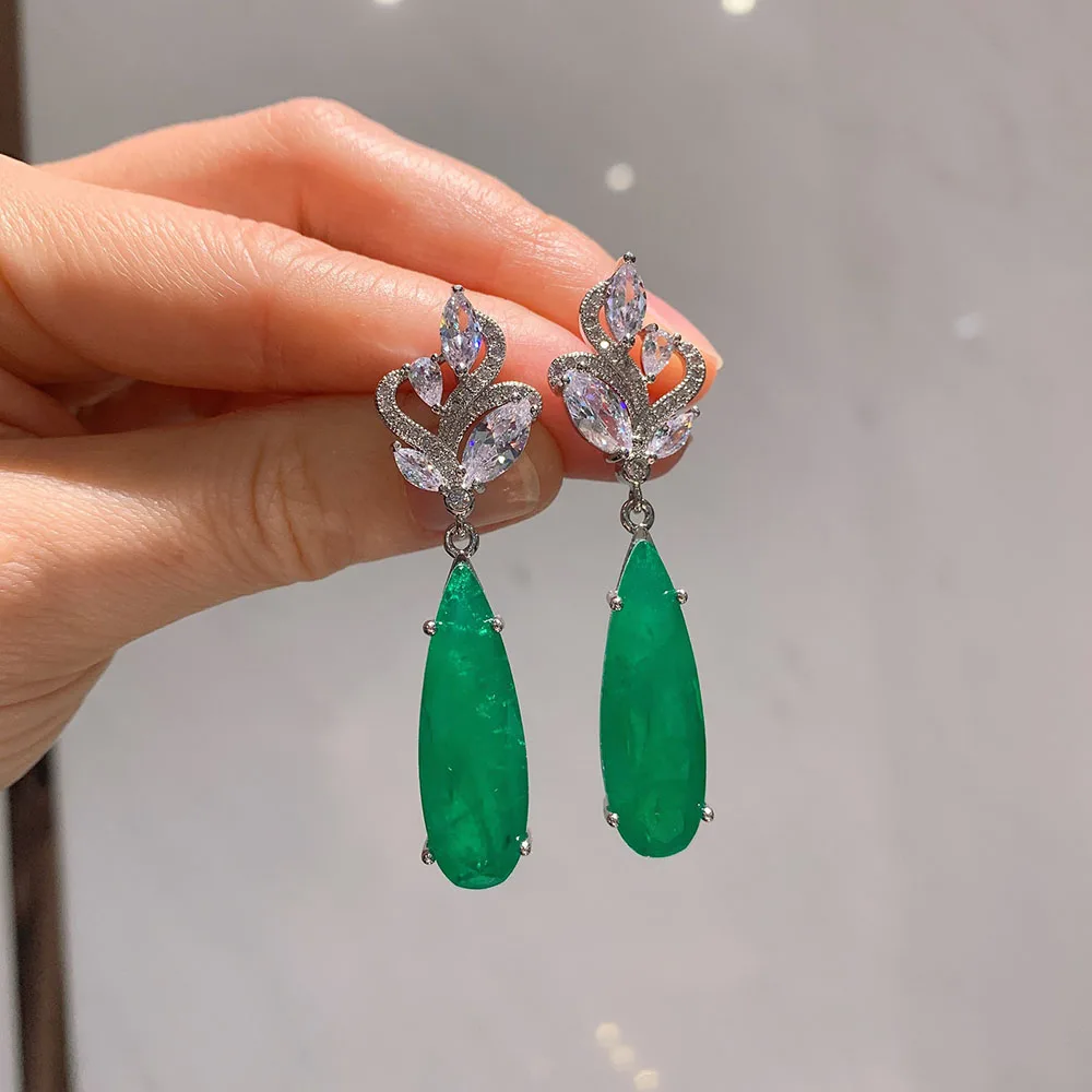 Luxury Pear Shape Lab Diamond 10*30mm Emerald Paraiba Tourmaline stone Drop Earrings Cocktial Party Jewelry Elegant Women Gift 