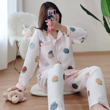 

Autumn Winter Strawberry Print Pajamas Thick Warm Sleepwear 100% Cotton Women Pyjamas Ladies Pijamas Nightwear Homewear 141