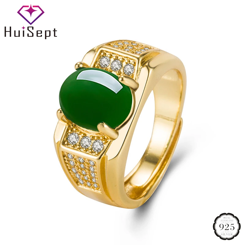 

HuiSept Retro Men Ring 925 Silver Jewelry Oval Shape Emerald Zircon Gemstone Rings Accessories for Wedding Engagement Ornaments