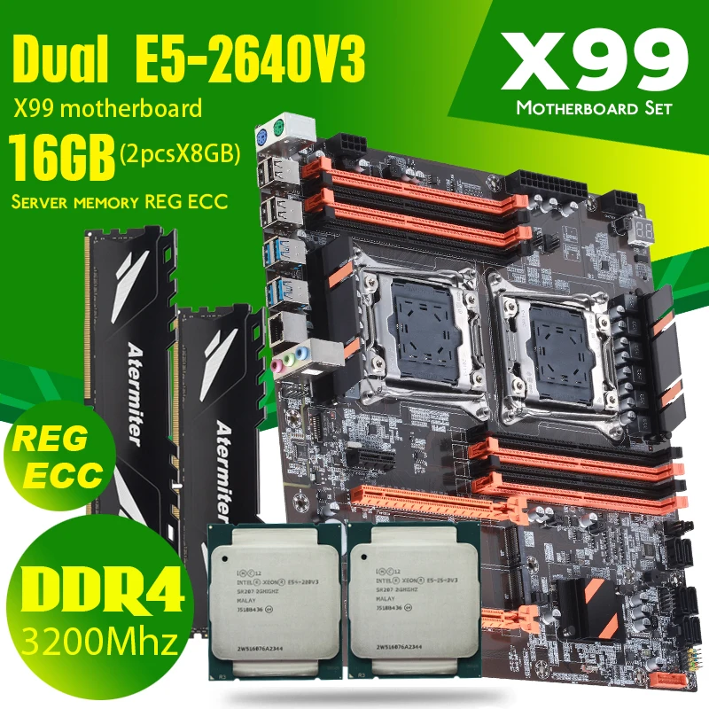 Материнская плата DDR4 Dual X99 с 2011-3 XEON E5 2640 V3 * 2 2*8 ГБ = 16 Гб 3200 МГц REG ECC Память RAM