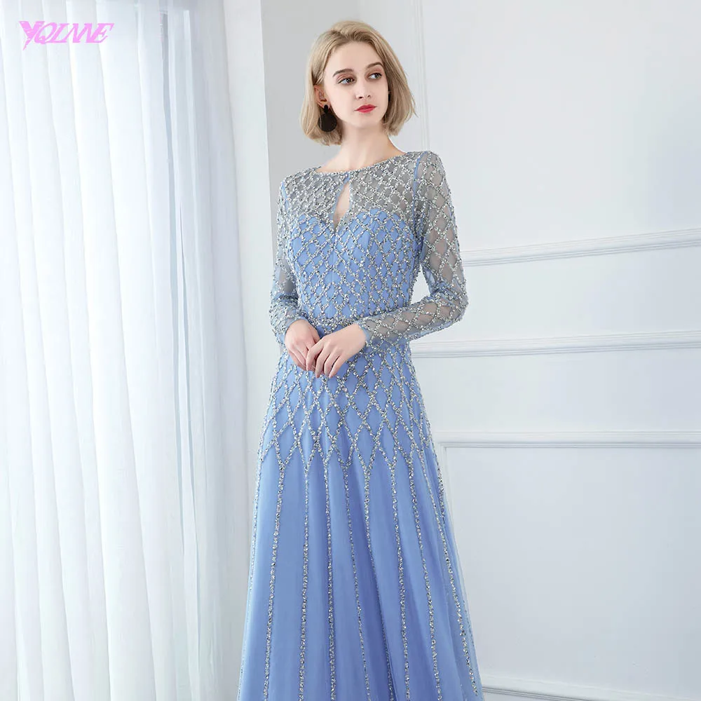 YQLNNE Blue Beaded Full Sleeve Evening Dresses Long Formal Women Evening Gown