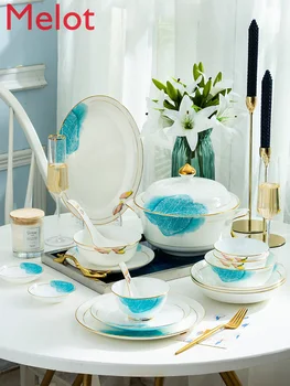 

Chinese Bowl Household Bone China Tableware Set of Dishes and Bowls Jingdezhen Ceramics European Upscale Gold Rimmed Bowl