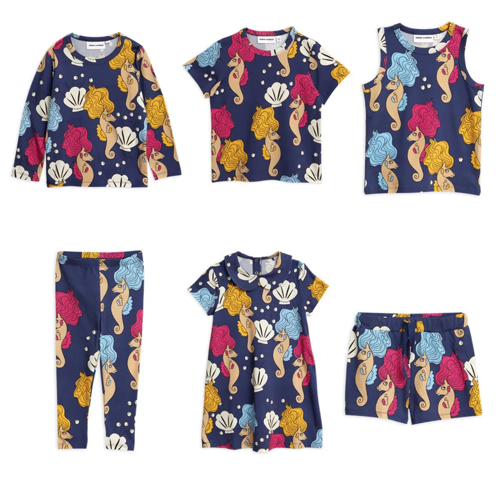 

2019 Spring And Summer New Mini Celebrity Style Series Full Printed Hippocampus Full Printed Dress Tops T-shirt Pants Set