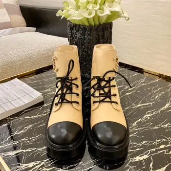 

Color matching lace-up leather low-heeled short boots women's autumn new thick with round toe leather lace-up Martin boots