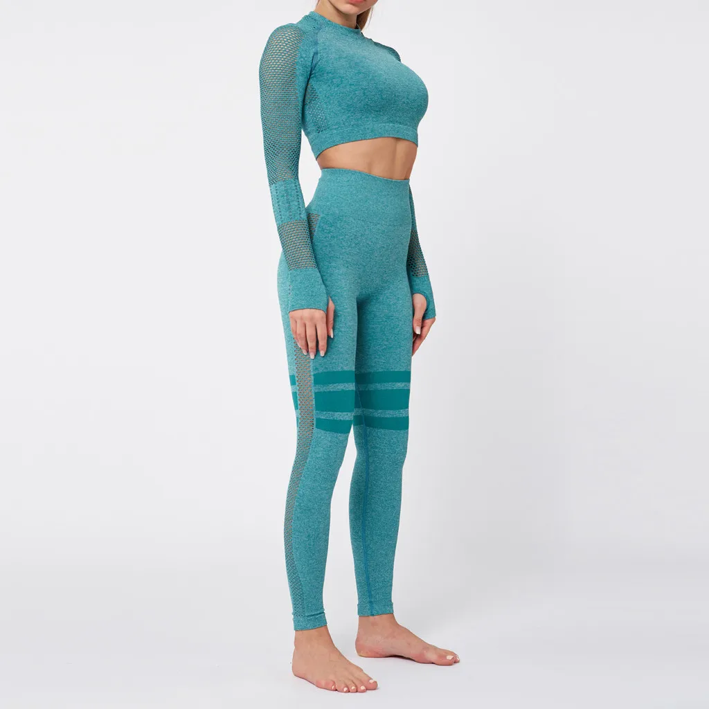 Mint Green Женский комплект для йоги, бесшовный облегающий хип-лифтинг, длинные рукава, для бега, фитнеса, тофа, штаны, леггинсы, для тренировки, спортивная одежда, спортивные костюмы - Цвет: Mint Green