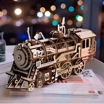 

3D Wooden Puzzle Train Model Clockwork Gear Drive Locomotive Assembly Model Building Kit Toys for Children