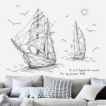 

Black Geometric Sailboat Wall Sticker for Kids Rooms Home Decoration Creative Big Ship Wall Decals DIY Posters Pvc Mural Art