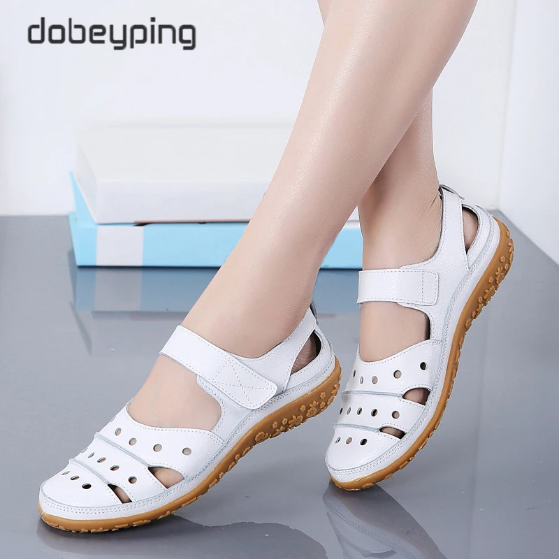 

dobeyping New Hollow Woman Sandals Breathable Women's Summer Shoes Genuine Leather Female Flats Cut-Outs Ladies Loafers Non Slip