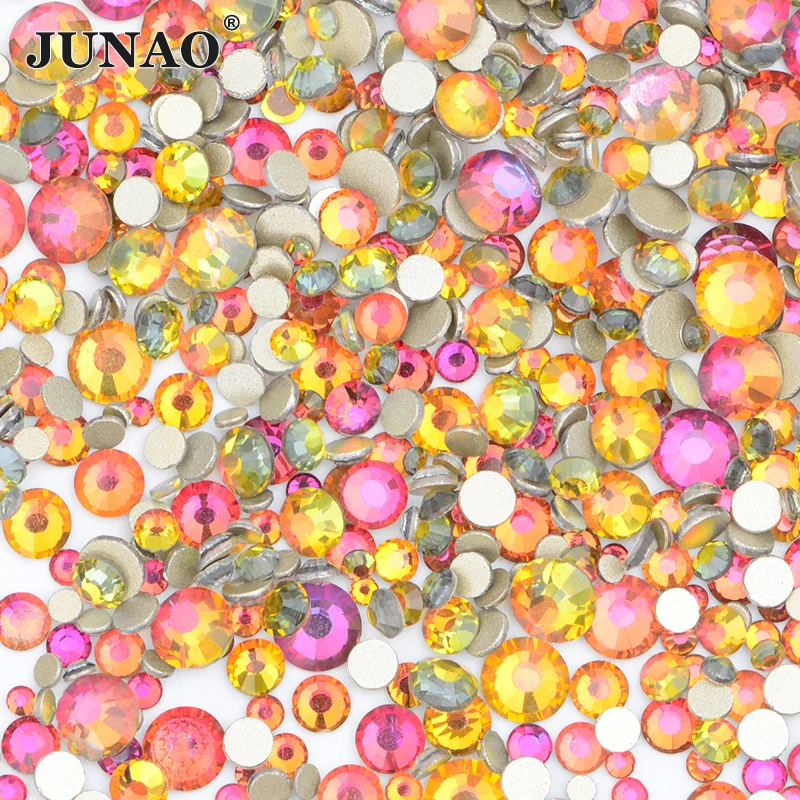 JUNAO SS6 8 10 12 16 20 круглые стразы с красным пламенем смешанные размеры стеклянные