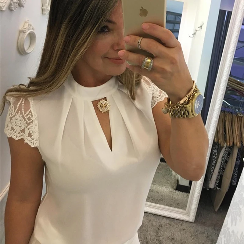 Blusa de chifón con encaje para verano, camisa Sexy con cuello levantado y mangas cortas elegantes para mujer