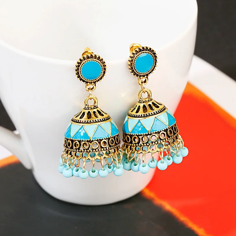 Этнические классические серьги с цветными бусинами Jhumka индийские ручной работы