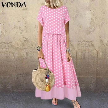 

VONDA Dress women Sexy O Neck Short Sleeve Vintage Dot Printed Maxi Long Dresses Loose Bohemian Party Robe Femme Sundress S-5XL