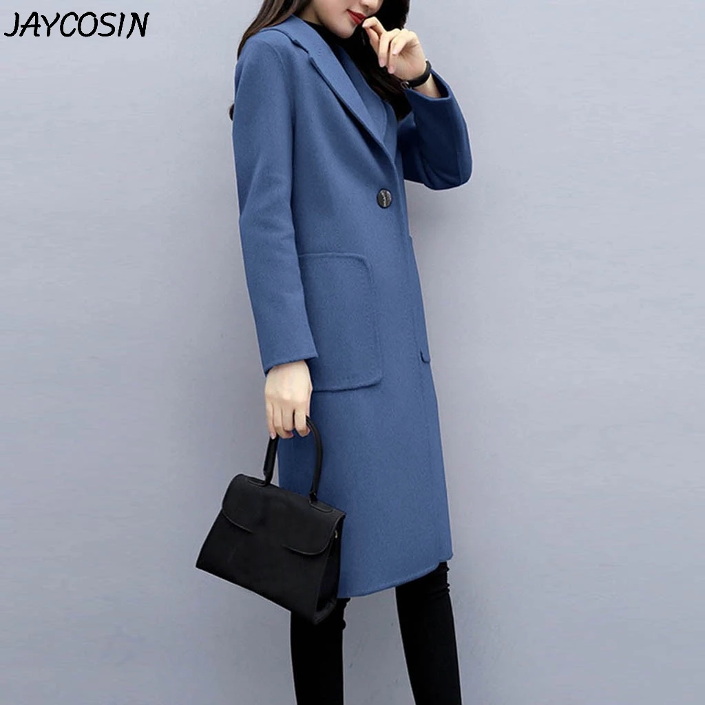 JAYCOSIN, Женское шерстяное пальто, винтажное, на одной пуговице, куртка с длинным рукавом, кардиган, тонкое пальто, зимнее, для работы, офиса, одноцветная, длинная верхняя одежда