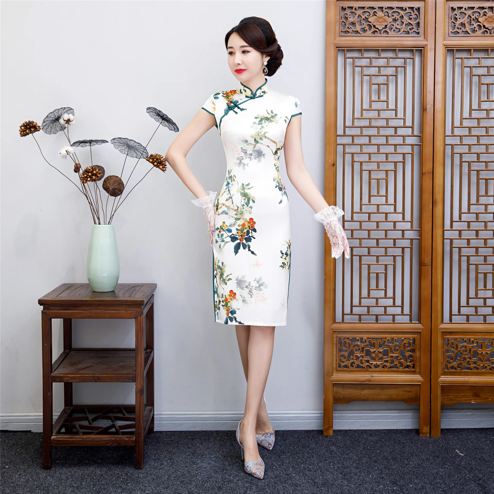 Open Rain New Style Red Spring Stand Collar Short Sleeve Medium-length Cheongsam Improved Plum Mom Cheongsam Dress