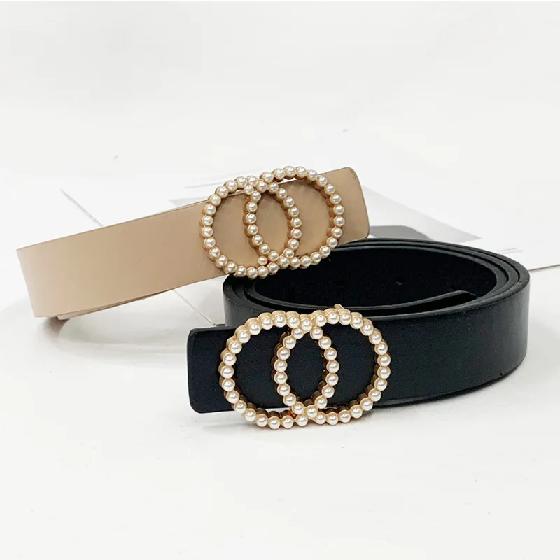 

1pc Leather belt women waist luxury black red belts for jeans dresses woman pearl studded buckle girls ladies fashion decorative