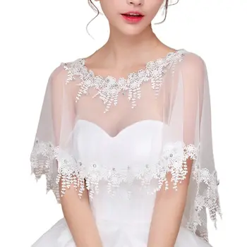 

Women Wedding Tulle Shrug Shawl Wrap Embroidered Floral Tassels Rhinestone Cape E15E
