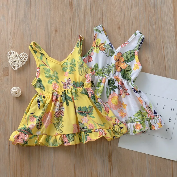 

2020 Summer New Style V-neck Dress Baby Girls Cute Flower Pattern Skirt Sleeveless Litter Skirt Toddler Girl Birthday Dress