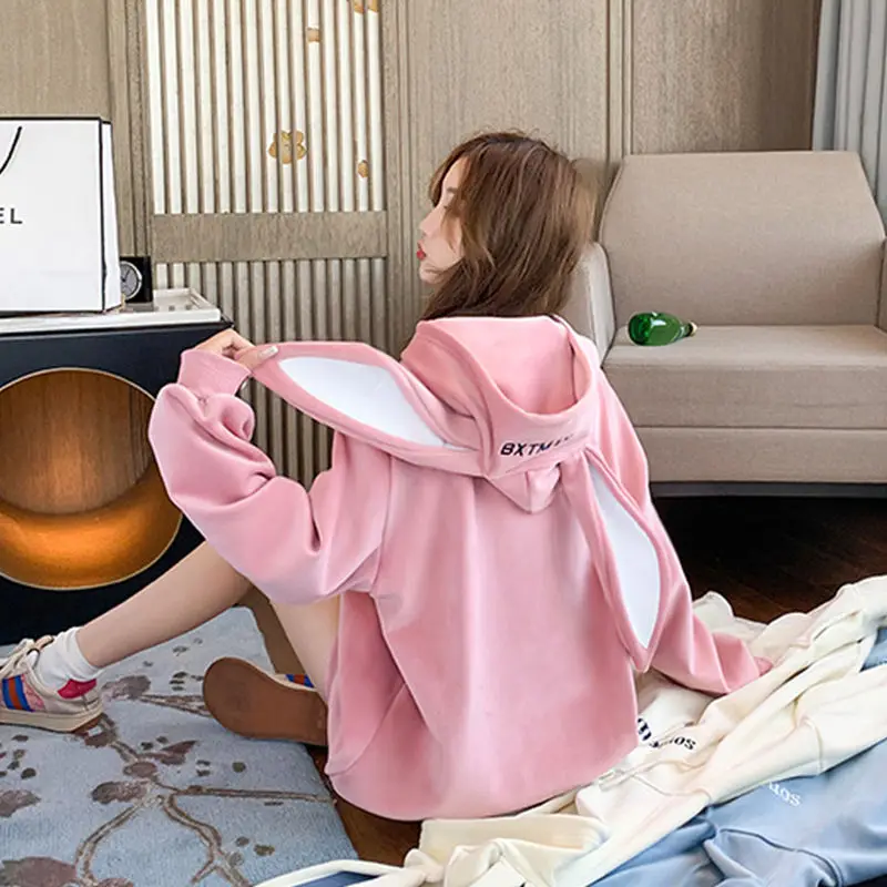Sweet Cute Preppy Style Rabbit Ears Plus Velvet Thick Hoodies Women Loose Long Sleeve Pullover Kangaroo Pocket Tops Sweatshirt | Женская