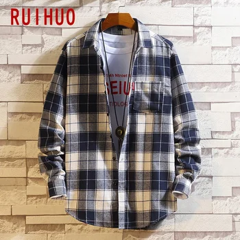 

RUIHUO 2020 New Spring Casual Long Sleeve Plaid Shirt Men Slim Fit Cotton Men Shirt Male Clothing Fashion Brand Tops M-5XL
