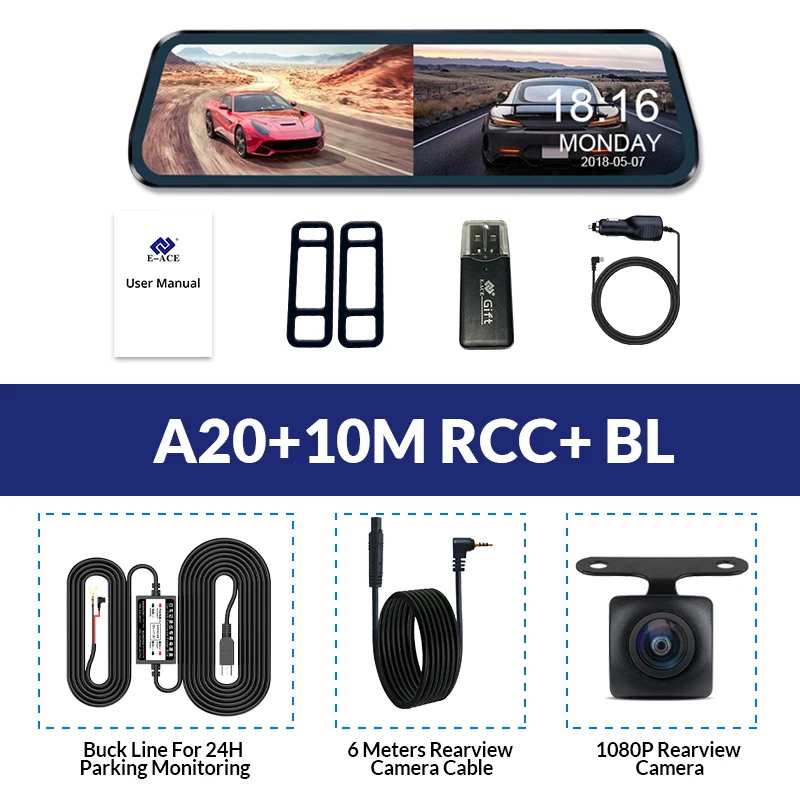 E-ACE Автомобильный видеорегистратор 10 дюймов Экран FHD 10800P Камера с потоком зеркало заднего вида Ночное видение видео Регистраторы регистратор Dash Cam Dual