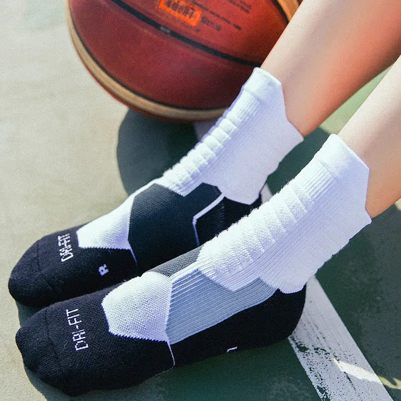 2 Pairs/lot Antibacterial Knee-High Cycling Socks Men Basketball Socks Towel Bottom Professional Elite Socks Thickened Terry
