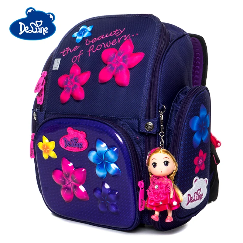 

Delune New 3D Flower Pattern School Bags For Girls Cartoon Cat Backpack Children Orthopedic Backpacks Primary Mochila Infantil