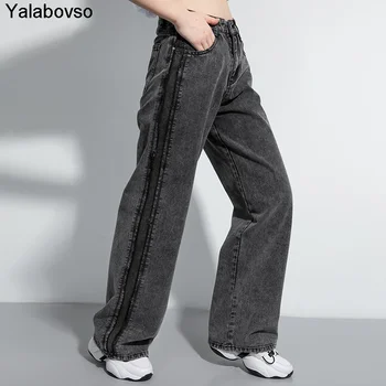 

Streetwear Button washed Vintage high waist ripped jeans wide leg pants for women with SMLXL size cowy boy denim trousers