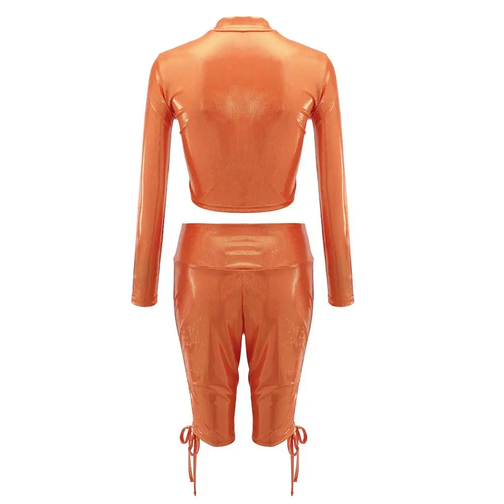 Women Sequins Sexy Running Jogging Suit Outdoor Sport 2Pcs Set Female Long Sleeve Crooped Top and Short Tracksuit For Summer