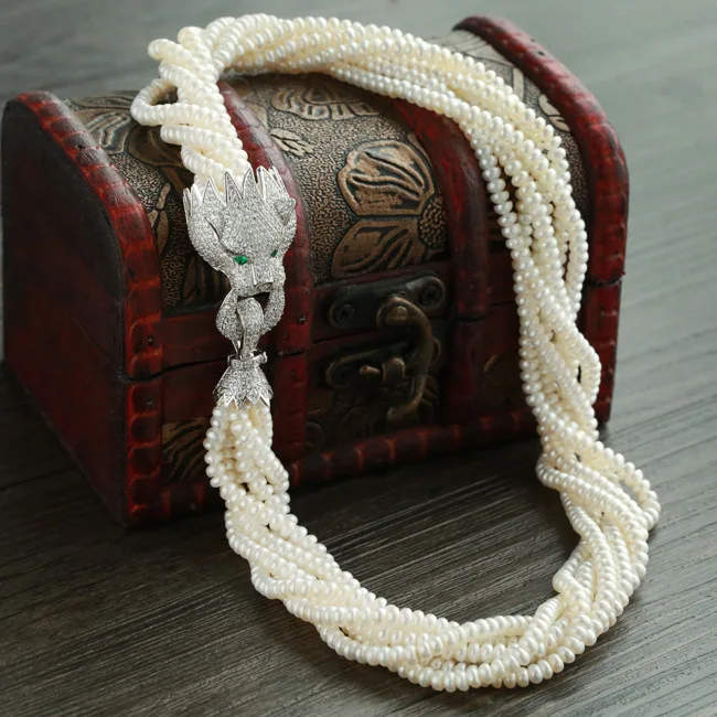 Fine jewelry cubic zircon leopard head 4-5mm freshwater pearls multilayer choker necklaces