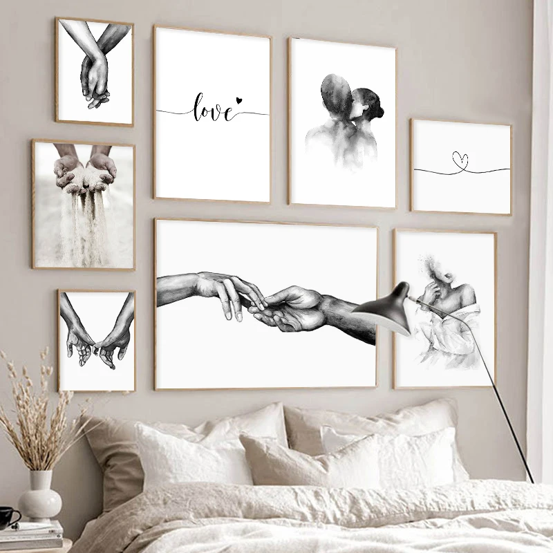 Fashion Black White Couple Lovers Wall Art Romantic Hand In Canvas Painting Love Quotes Print Poster Picture Room Decor | Дом и сад