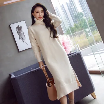 

2019 Fall Winter Turtleneck Warm Charm Women Split Side Sweater Dress Long Sexy Lurex Bodycon Dresses Woman Skinny Knitted Dress