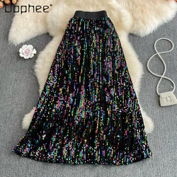 2021 outono novo elástico cintura alta emagrecimento lantejoulas mid length a line saia y2k moda feminina overknee glitter saias bainha grande