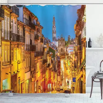 

Modern Shower Curtain Night Street Architecture Landscape Decor Shower Curtain Set Bathroom Decor Waterproof Shower Curtain