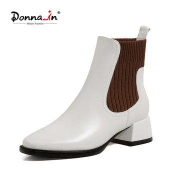 

Donna-in Middle Heel Square Toe Chelsea Boots Autumn Winter Women's with Short Plush Genuine Leather Elegant Ladies Boots