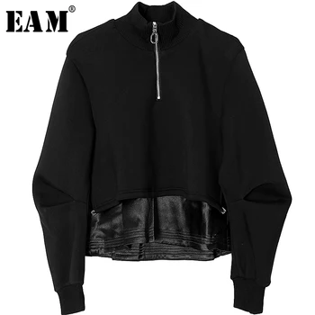 

[EAM] Loose Fit Black Pu Leather Split Zipper Sweatshirt New Turtleneck Long Sleeve Women Big Size Fashion Spring 2020 1S473