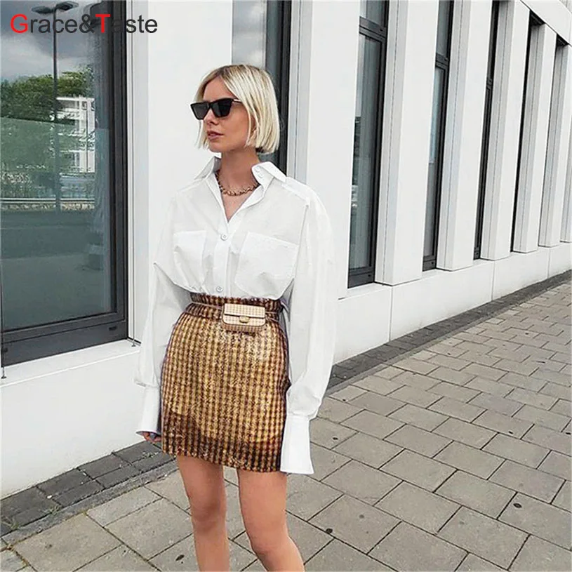 

Grace&Taste Autumn OL Commutes The Temperament Top Loose Bat Sleeve Shirt Dress Long Sleeve Retro Style Professional White Shirt