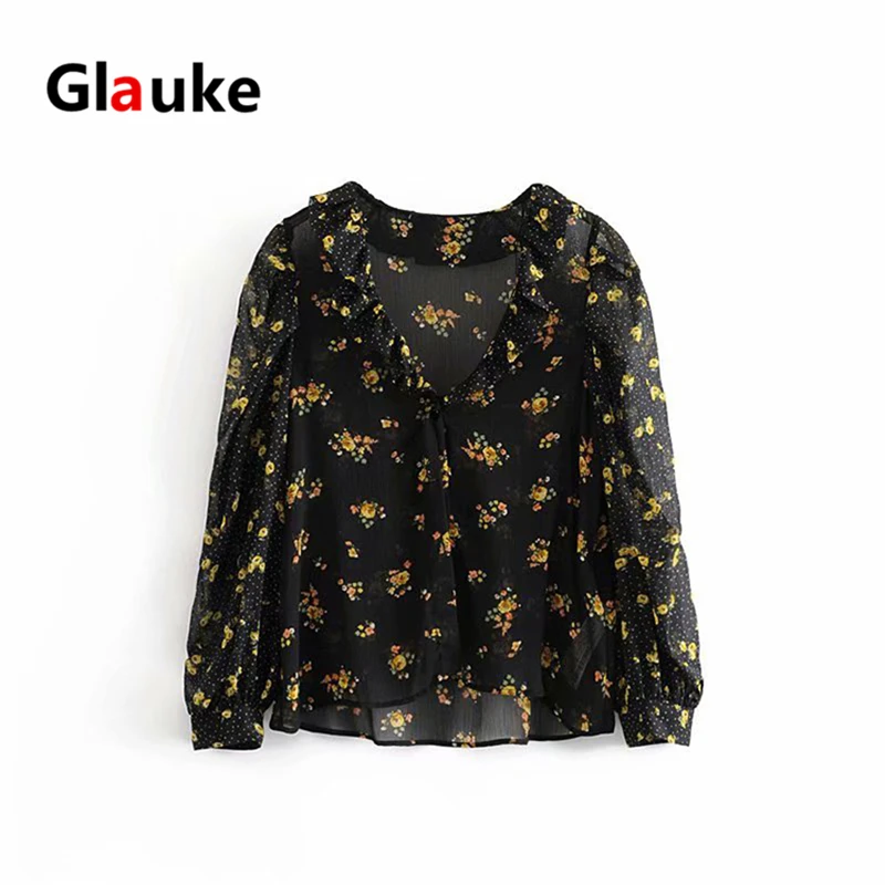 

GLAUKE Women Blouse Polka Transparent Tops Ladies Sexy Blouses Party Clubwear Black Spring Summer Korean Long Sleeve Vintage Fem