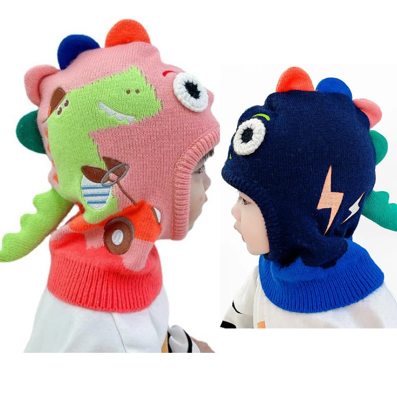 Doitbest 2022 Boy Girl Beanie Protect neck Cartoon dinosaur Windproof Winter Child knit hat Warm Cute kids girls Earflap Caps 1