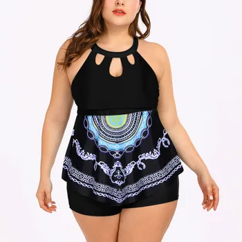 

New Style Women Hollow Out Print Tankini Set High Waisted Boyshort Bottom Two Pieces Swimsuit Plus Size Ladies Beachwear L-3XL