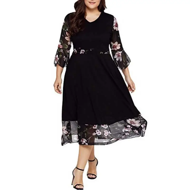 

XL-5XL Spring Big Size Floral Print Dress Women Casual Plus size Print Dress Large Size Clothing Elegant Black Long Party Dress