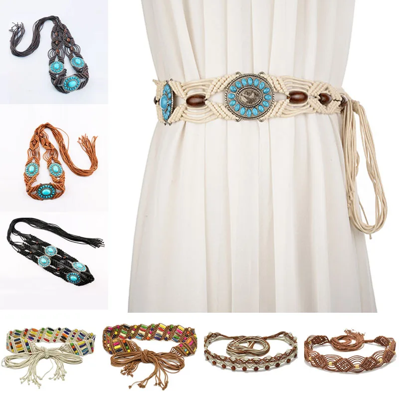 Floralby Women Boho Handmade Beads Braided Rope Waist Belt Slim Waistband Dress Decor Floralby Women Boho Handmade Beads Braided Rope Waist Belt Slim Waistband Dress Decor